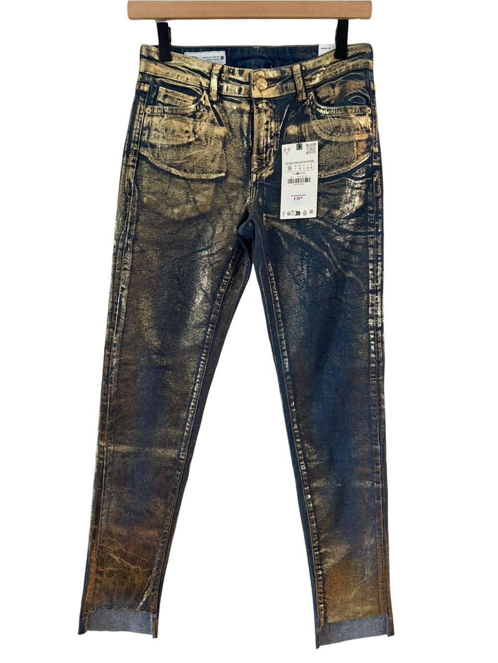 ZARA GOLD FOIL HIGH RISE SKINNY JEANS Ankle Length Rigid Size 4 NEW NWT